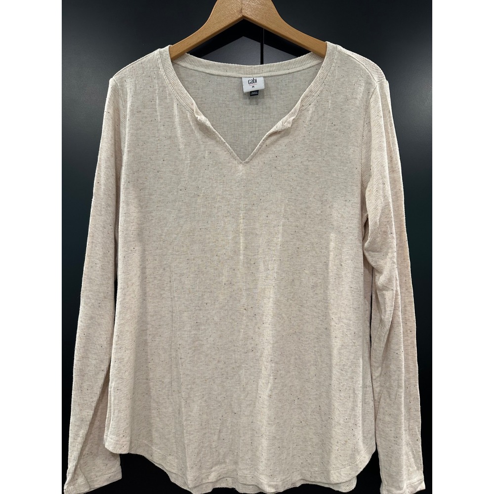 Cabi Women Beige Speckled Ribbed Knit Notched V-Neck Long Sleeve Top 4003 Medium